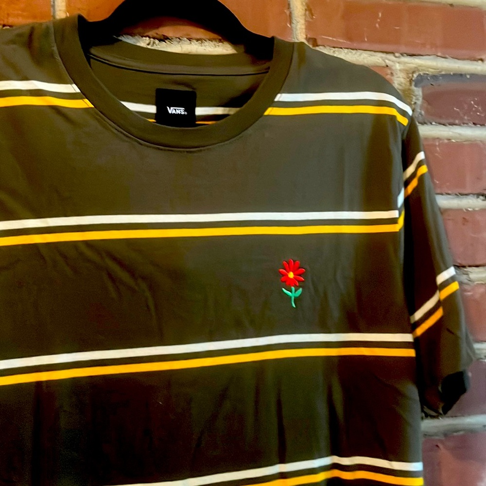 Men’s Vans Striped Tee - Olive Green with yellow and white stripes